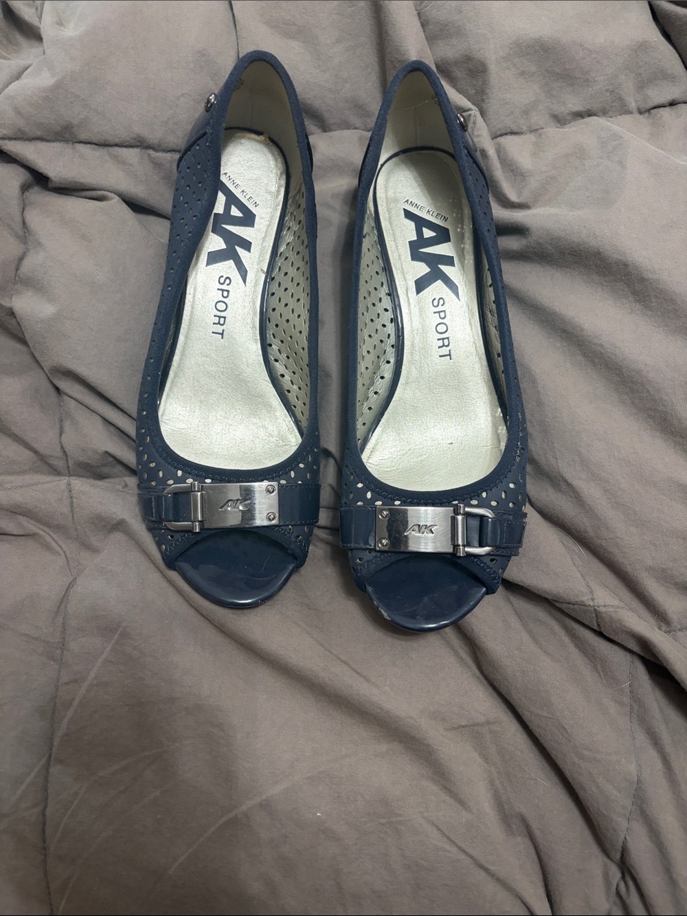 Anne Klein Navy Peep-Toe wedge with Buckle Accent